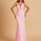 Satin Deep V-neck Mermaid Prom Dresses Open Back Floor Length