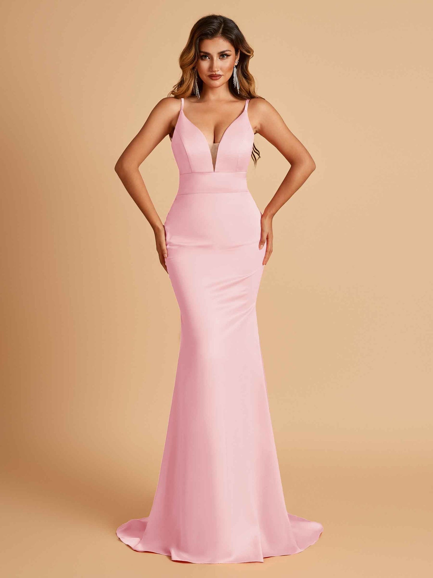 Satin Deep V-neck Mermaid Prom Dresses Open Back Floor Length