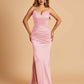 Satin Mermaid Long Bridesmaid Dresses Spaghetti Straps V-neck Side Slit Floor Length For Sale