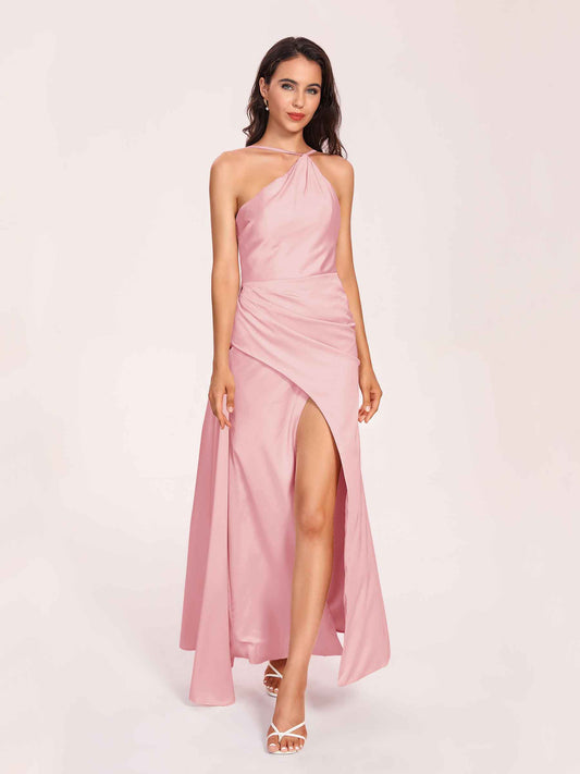 Sexy Satin Halter Strap Sheath Bridesmaid Dresses Side Slit Pleats Floor Length