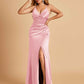 Sexy Satin Sheath Prom Dresses Spaghetti Straps V-neck Side Slit Pleats Floor Length