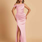 Unique Satin One Shoulder Prom Dresses Side Slit Half Open Back Floor Length