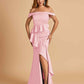 Satin Mermaid Off Shoulder Bridesmaid Dresses With Ruffles Side Slit Floor Length