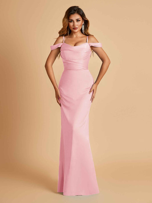 Sexy Off Shoulder Mermaid Long Bridesmaid Dresses Satin Spaghetti Straps Floor Length