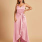 Satin Asymmetric V-neck Bridesmaid Dresses Sleeveless Side Slit A-line Unique For Sale