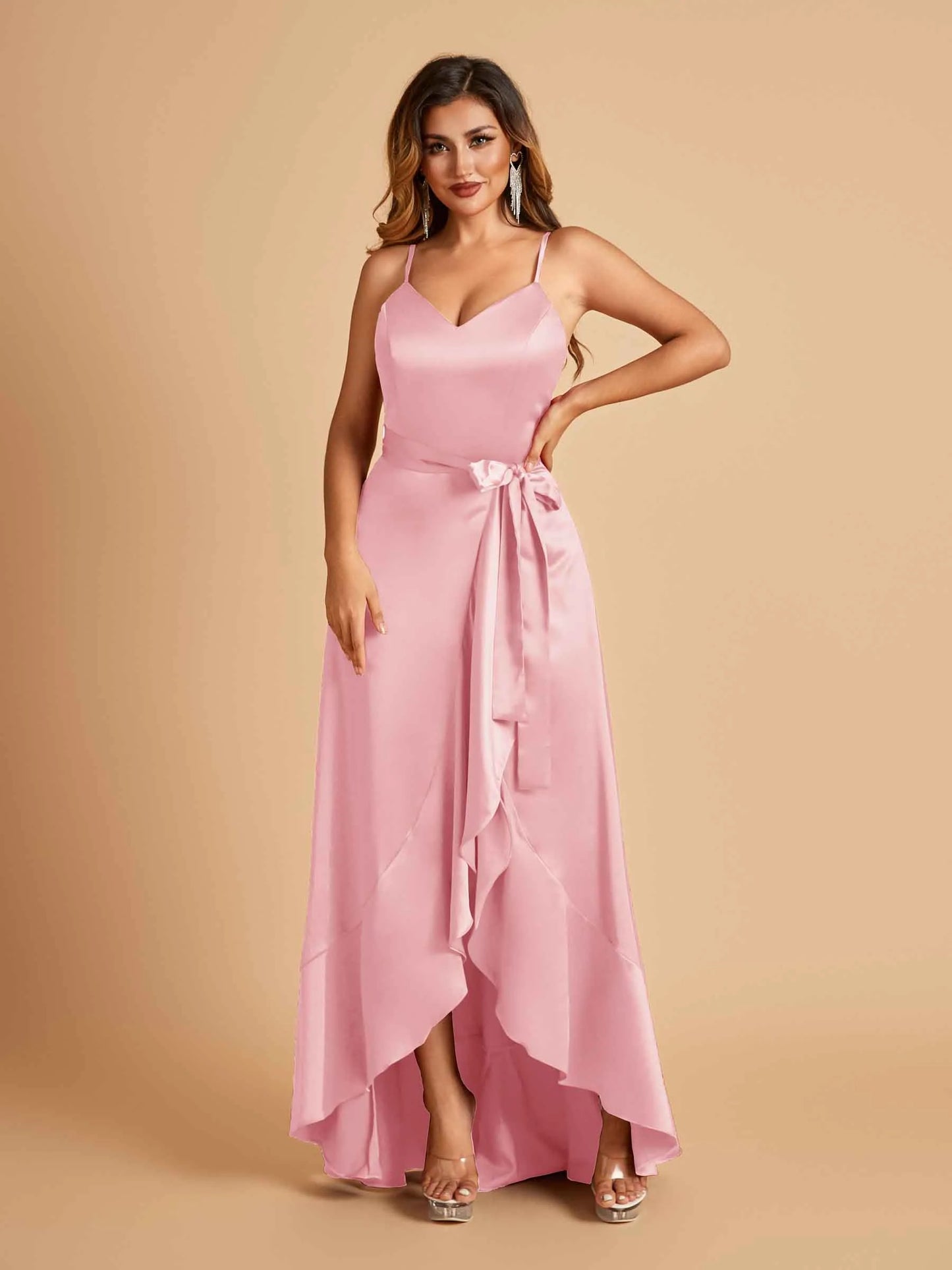 Satin Asymmetric V-neck Bridesmaid Dresses Sleeveless Side Slit A-line Unique For Sale