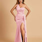 Satin One Shoulder Mermaid Bridesmaid Dresses Side Slit Floor Length