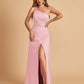 Satin One Shoulder Sheath Prom Dresses Spaghetti Straps Side Slit Floor Length