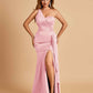 Satin One Shoulder Mermaid Prom Dresses Side Slit Floor Length