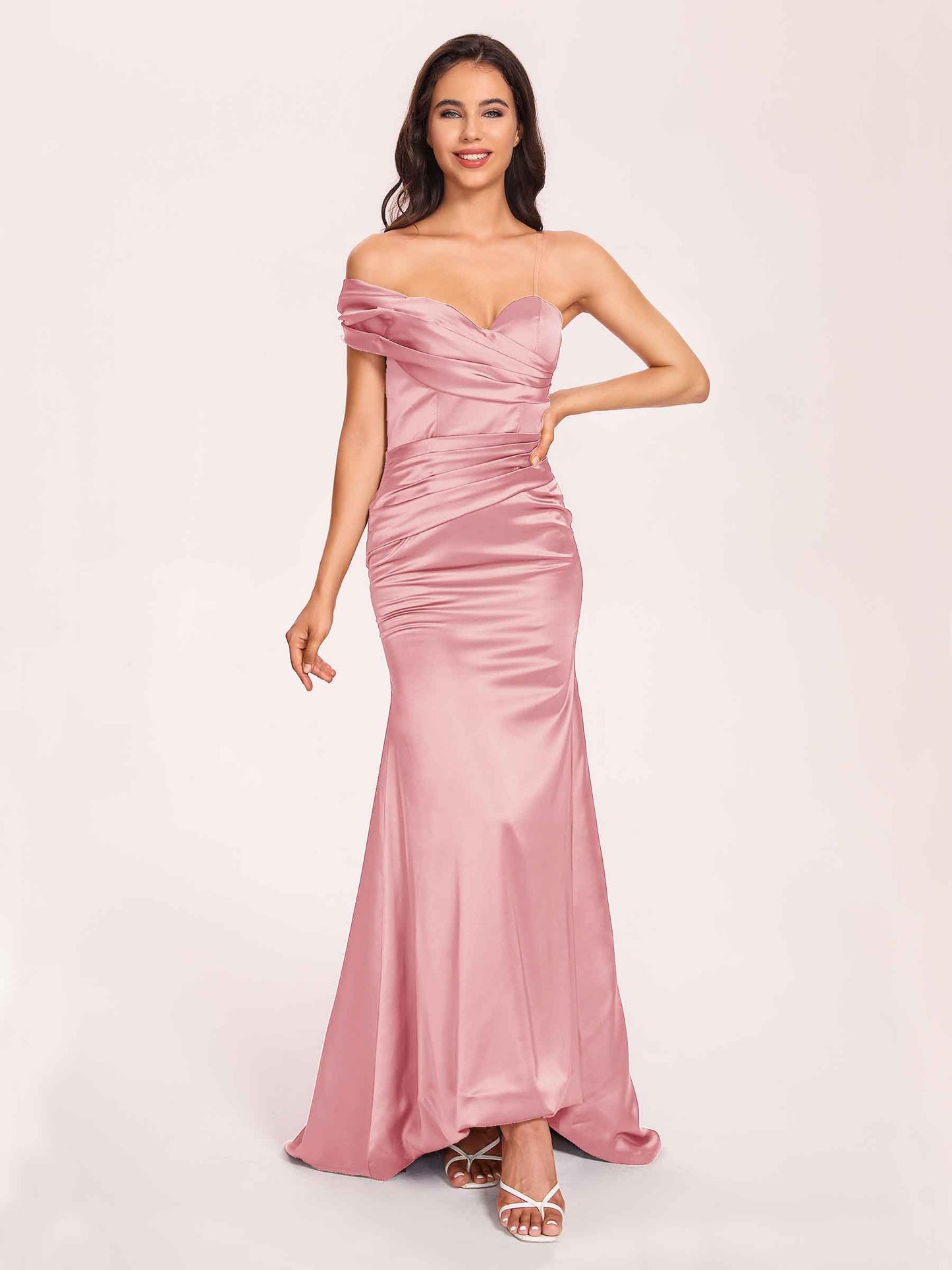 Satin One-shoulder Bridesmaid Dresses Pleats Floor Length Mermaid Long