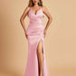 Sexy Satin Mermaid Long Prom Dresses Spaghetti Straps Sweetheart Side Slit Criss-cross Back