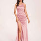 Satin Halter Pleats Sheath Bridesmaid Dresses Side-Slit Floor Length Sleeveless