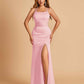 Satin Mermaid Long Bridesmaid Dresses Spaghetti Straps Scoop Side Slit Criss-cross Back
