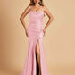 Sexy Satin Mermaid Prom Dresses Spaghetti Straps Scoop Side Slit Criss-cross Back
