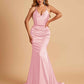 Sexy Satin Mermaid Prom Dresses Spaghetti Straps V-neck Pleats Floor Length