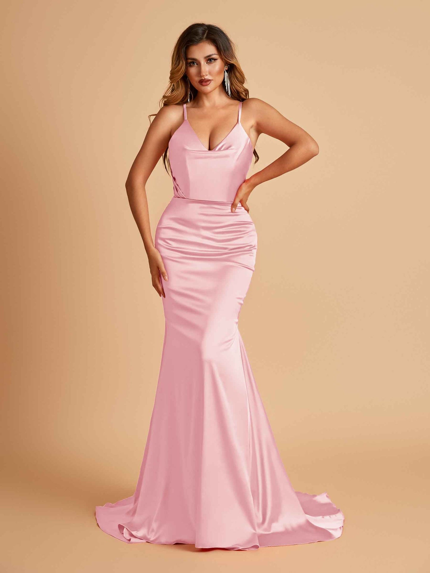Sexy Satin Mermaid Prom Dresses Spaghetti Straps V-neck Pleats Floor Length