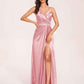 Sexy Satin A-line Prom Dresses Spaghetti Straps Side Slit V-neck Floor Length