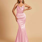 Satin Mermaid Open Back Bridesmaid Dresses Spaghetti Straps Scoop Floor Length
