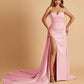 Sexy Satin Sheath Prom Dresses Spaghetti Straps Sweetheart Side Slit With Train