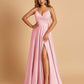 Satin A-line Long Prom Dresses Spaghetti Straps V-neck Side Slit Floor Length