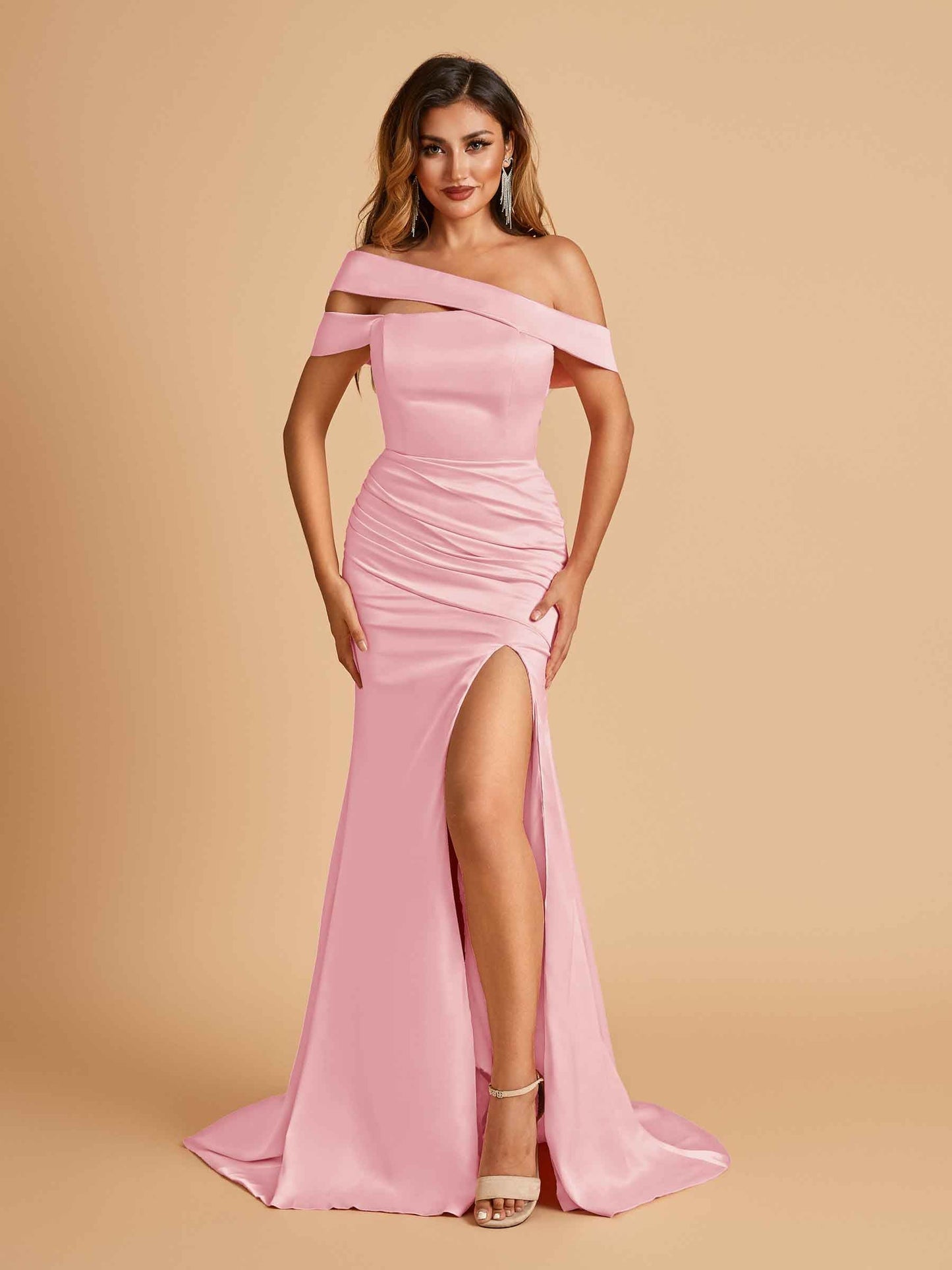 Unique Satin Mermaid Prom Dresses With Off Shoulder Straps Side Slit Floor Length