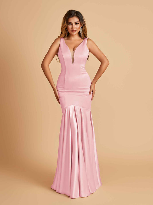 Satin Deep V-neck Mermaid Bridesmaid Dresses Half Open Back Floor Length