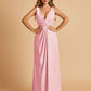 Sexy Satin Deep V-neck Long Bridesmaid Dresses A-line Pleats Sleeveless Floor Length