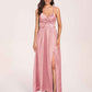 Satin Spaghetti Straps A-line Bridesmaid Dresses Side Slit Floor Length