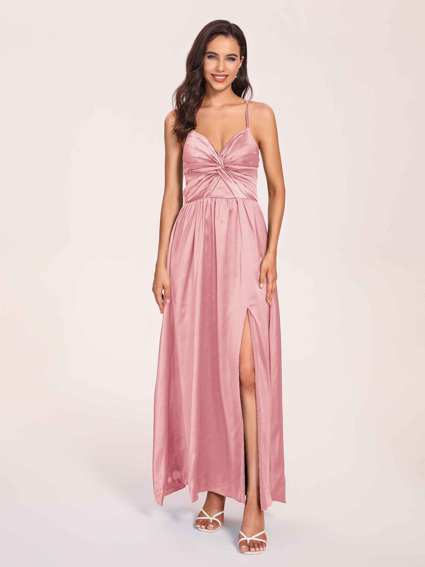 Satin Spaghetti Straps A-line Bridesmaid Dresses Side Slit Floor Length
