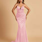 Satin Mermaid Open-back Prom Dresses Spaghetti Straps V-neck With Pleats Floor Length