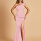 Satin One-shoulder Bridesmaid Dresses Mermaid Side Slit Sleeveless Floor Length