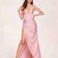 Satin Spaghetti Straps Corset Prom Dresses Pleats Side-Slit Sheath Floor Length
