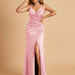 Sexy Satin Sheath Bridesmaid Dresses Spaghetti Straps V-neck Side Slit Pleats Floor Length