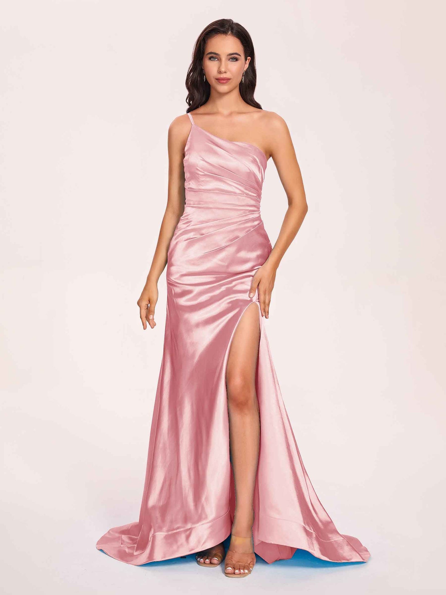Satin One-shoulder Mermaid Prom Dresses Side Slit Pleats Floor Length