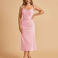 Sexy Satin Midi Prom Dresses Spaghetti Straps Slip Scoop Side Slit