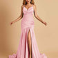 Sexy Satin Mermaid Open Back Prom Dresses Spaghetti Straps V-neck Side Slit