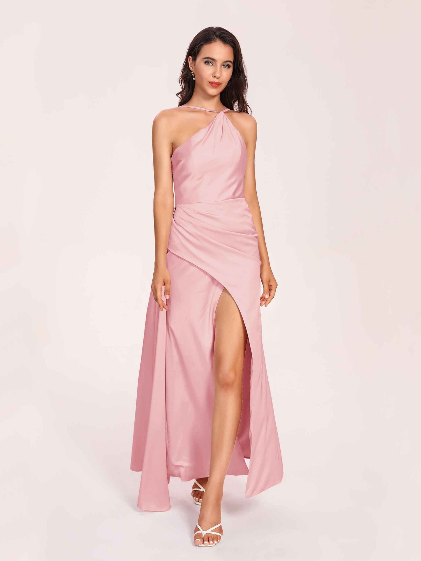 Sexy Satin Halter Strap Sheath Prom Dresses Side Slit Pleats Floor Length
