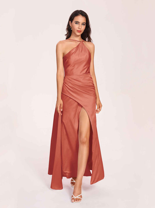 Sexy Satin Halter Strap Sheath Bridesmaid Dresses Side Slit Pleats Floor Length