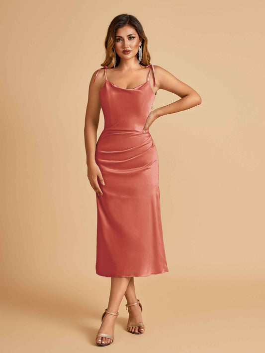 Sexy Satin Midi Prom Dresses Spaghetti Straps Slip Scoop Side Slit