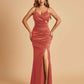 Sexy Satin Mermaid Bridesmaid Dresses Spaghetti Straps V-neck Side Slit Floor Length