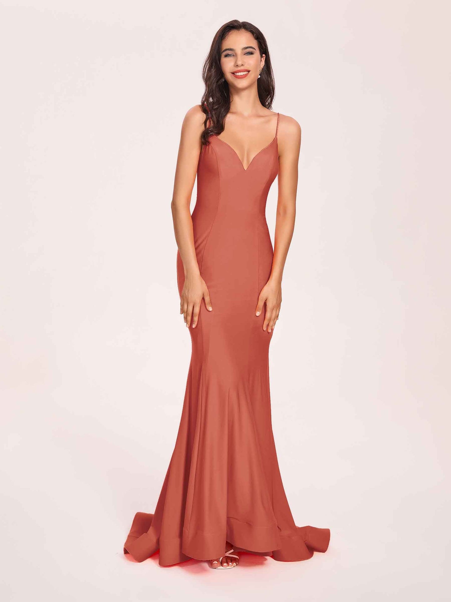 Sexy Satin Mermaid Prom Dresses Spaghetti Straps V-neck Floor Length Lace-up Back