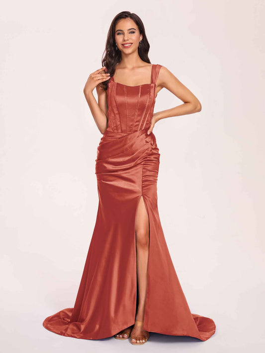 Sexy Satin Square Mermaid Prom Dresses Pleats Side-Slit Floor-Length Sleeveless