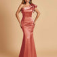 Satin One-shoulder Bridesmaid Dresses Ruffle Sleeves Mermaid Floor Length For Sale