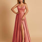 Satin A-line Long Prom Dresses Spaghetti Straps V-neck Side Slit Floor Length