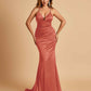 Satin Mermaid Open-back Prom Dresses Spaghetti Straps V-neck With Pleats Floor Length