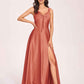 Satin V-neck A-line Prom Dresses Side slit Floor Length