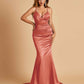 Satin Mermaid V-neck Prom Dresses Spaghetti Straps Floor Length