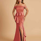 Satin Mermaid Off Shoulder Bridesmaid Dresses With Ruffles Side Slit Floor Length