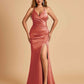 Sexy Satin Mermaid Long Prom Dresses Spaghetti Straps Sweetheart Side Slit Criss-cross Back