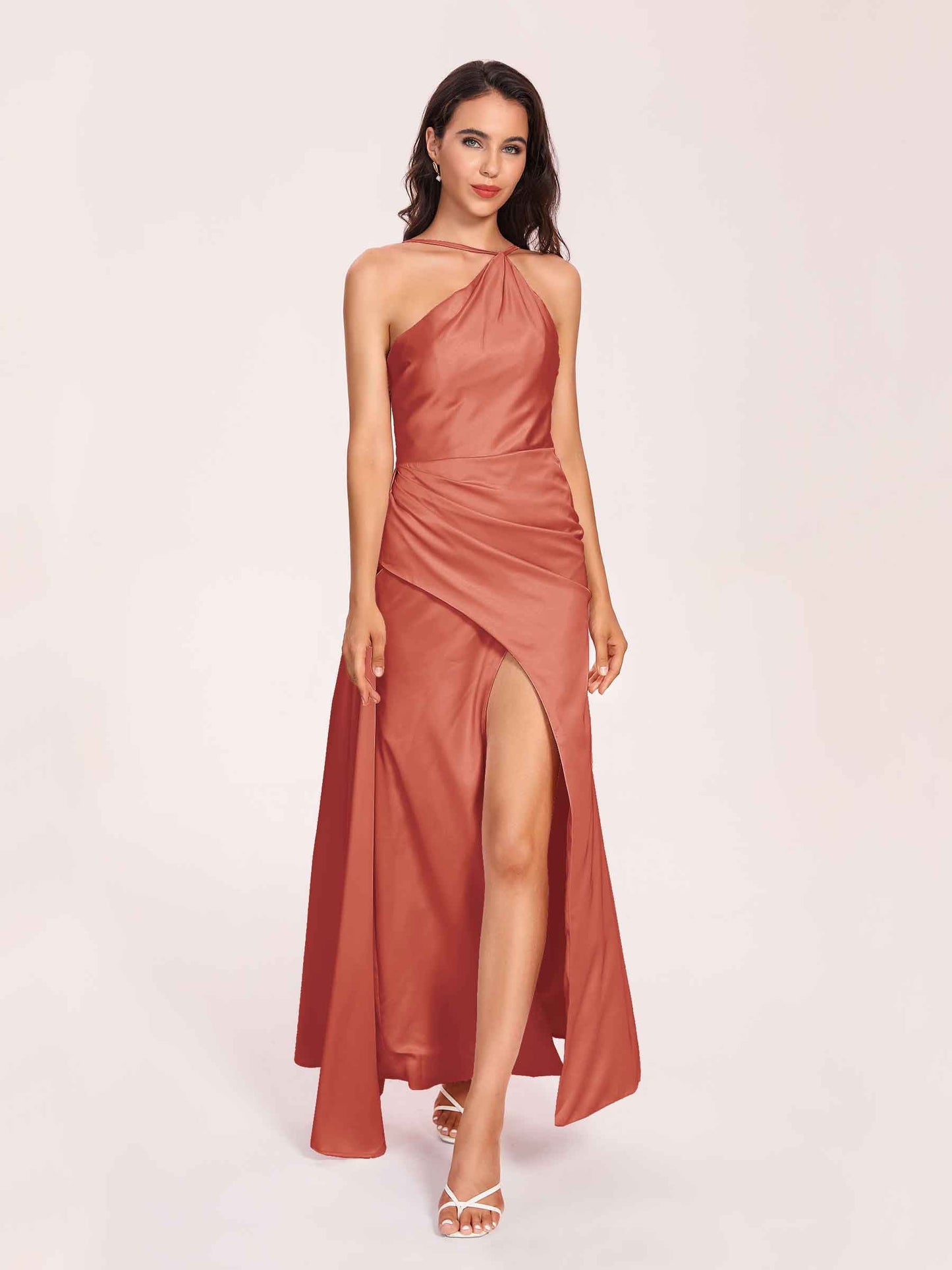 Sexy Satin Halter Strap Sheath Prom Dresses Side Slit Pleats Floor Length
